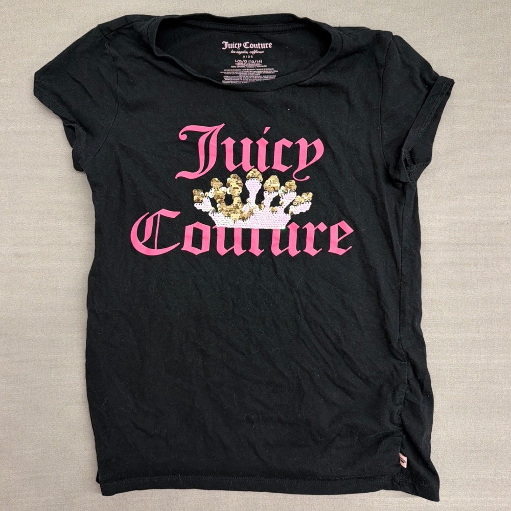 Juicy Couture Kids Girls Black Pink Sequin Crown Logo T-Shirt Size L 12/14